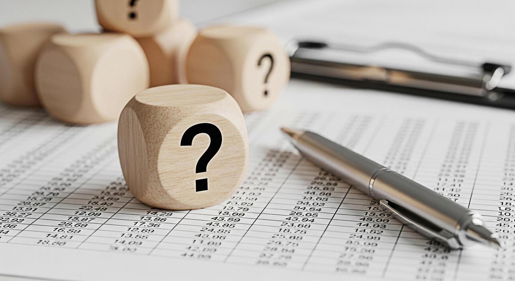 Wooden dice with question mark on financial report symbolizing uncertainty and analysis in business creating a thoughtful and inquisitive atmosphere in a corporate setting financial planning concept photo
