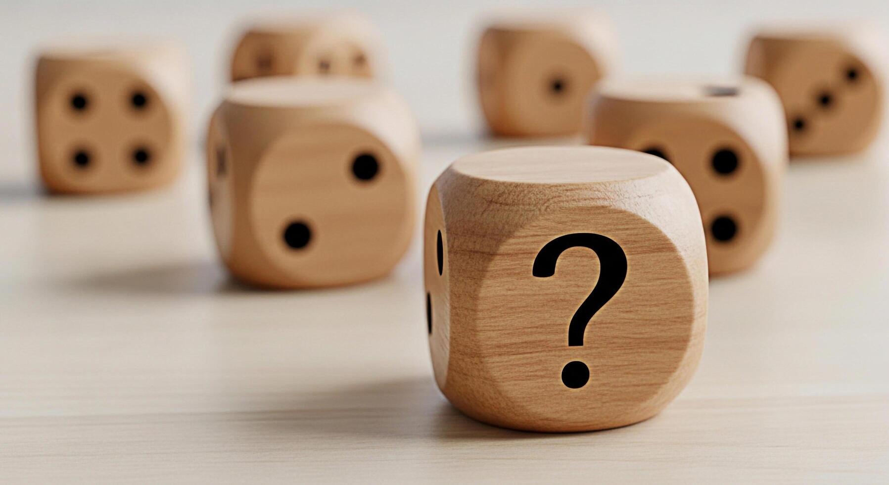 Wooden dice displaying a question mark on a bright wooden surface representing uncertainty risk and the unknown in games of chance and decisionmaking creating a sense of anticipation and mystery photo