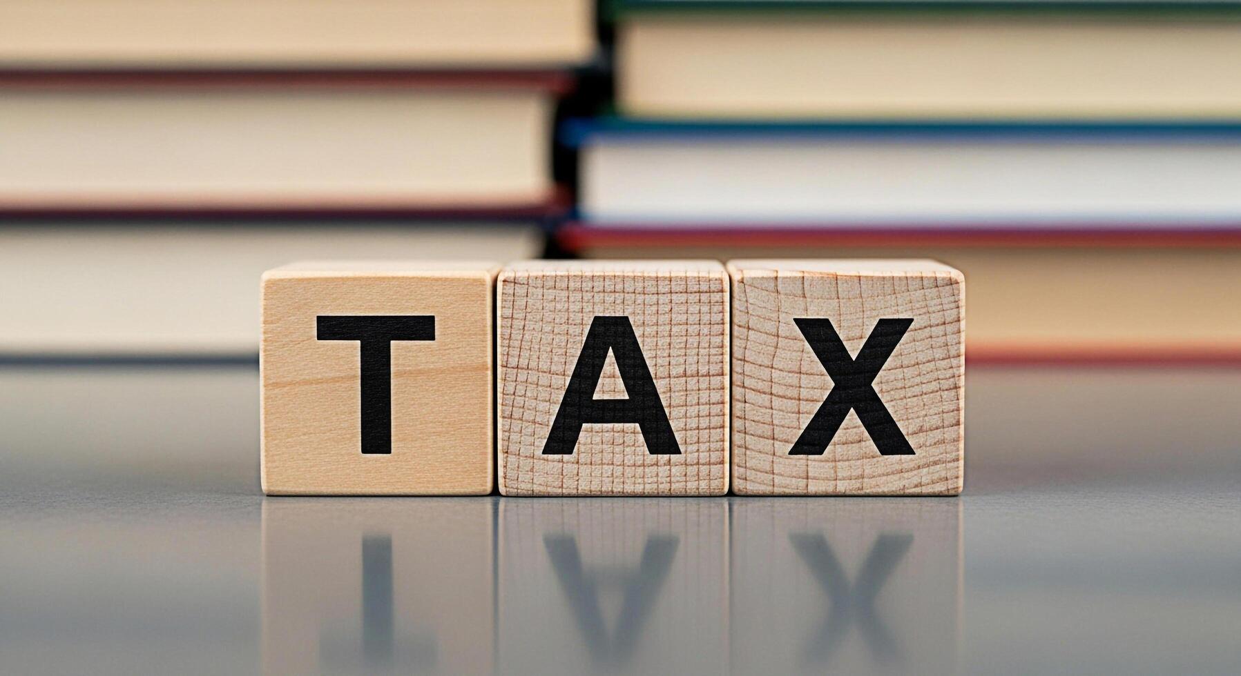 Wooden blocks spelling TAX on a reflective surface symbolizing financial responsibility and fiscal planning in an educational setting with books in the background conveying a serious and important mes photo