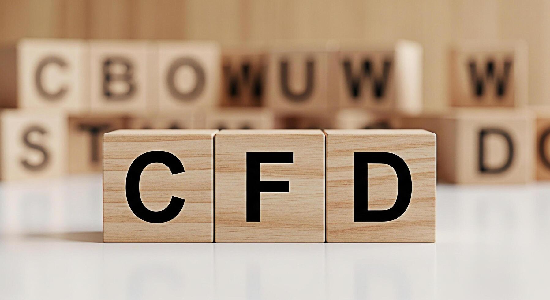 Wooden blocks spelling CFD on a white surface representing Contracts for Difference in a neutral setting conveying a message of financial trading and investment opportunities with clarity and focus photo
