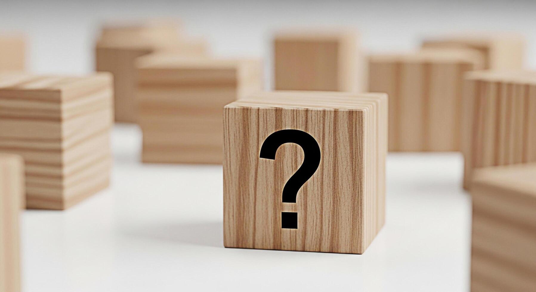 Wooden block displaying a question mark symbol on a white surface surrounded by other blocks representing uncertainty confusion and the search for answers in a minimalist setting photo