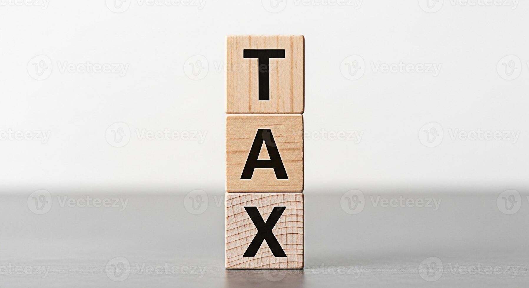 Stacked wooden blocks spelling TAX on a gray surface representing financial obligations and fiscal responsibility in a minimalist setting symbolizing the burden and importance of taxation photo