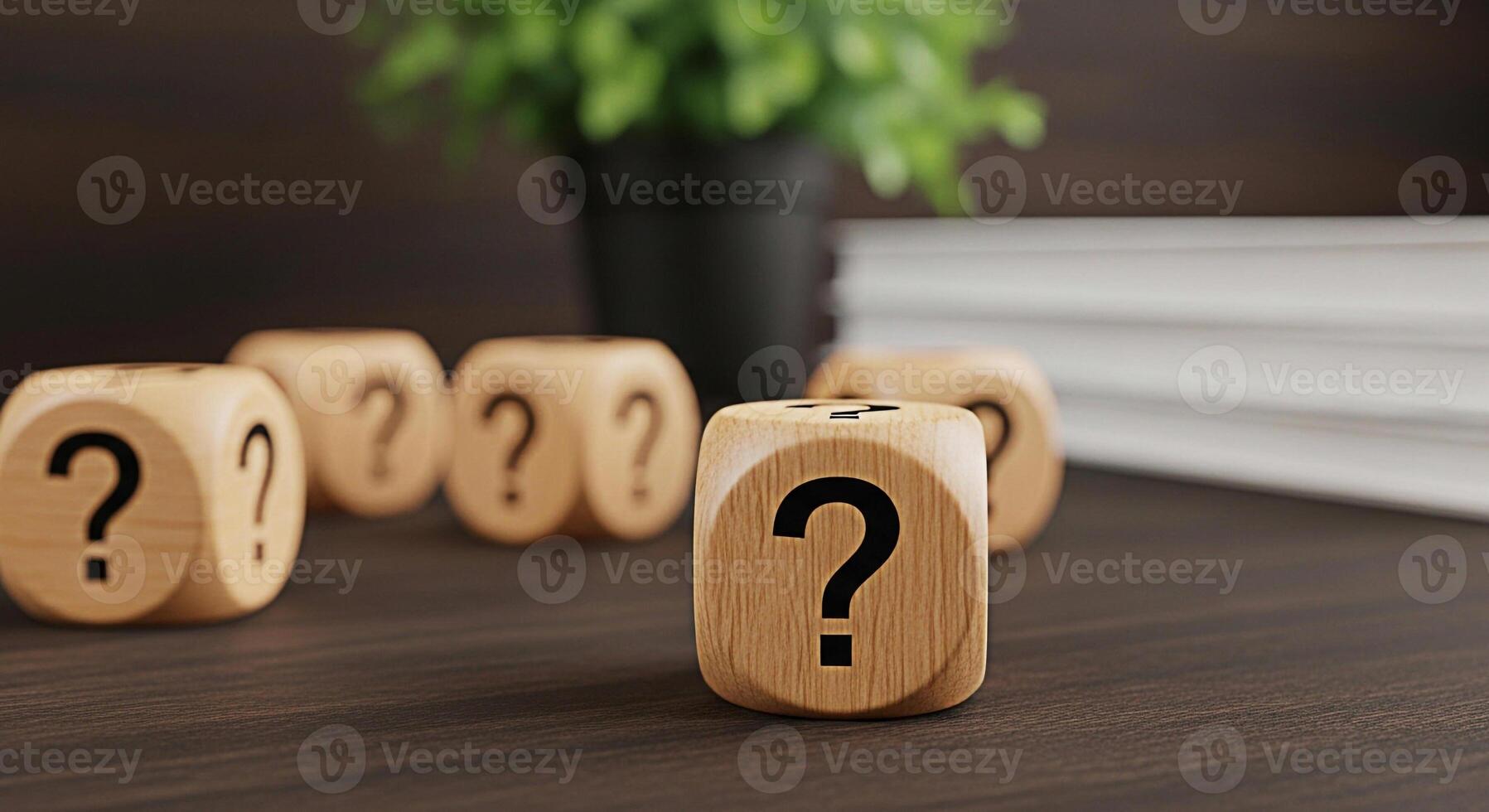 Wooden dice displaying question marks on a dark wooden table in a bright room representing uncertainty confusion and the search for answers in business and personal life creating a sense of mystery an photo