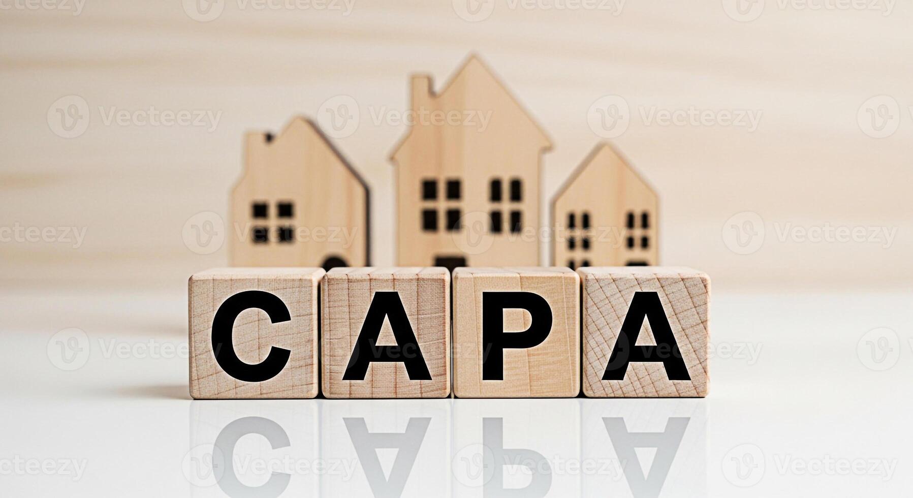 Wooden blocks spelling CAPA in a bright studio setting representing Corrective Action and Preventive Action for quality control and continuous improvement in business and manufacturing processes photo