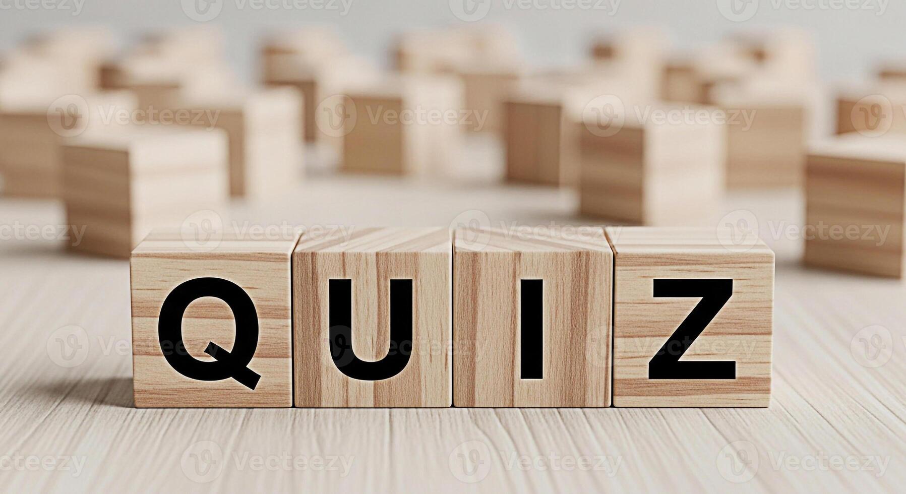 Wooden blocks spelling out QUIZ on a light wooden surface inviting participation and testing knowledge in an educational and engaging environment fostering curiosity and intellectual stimulation photo