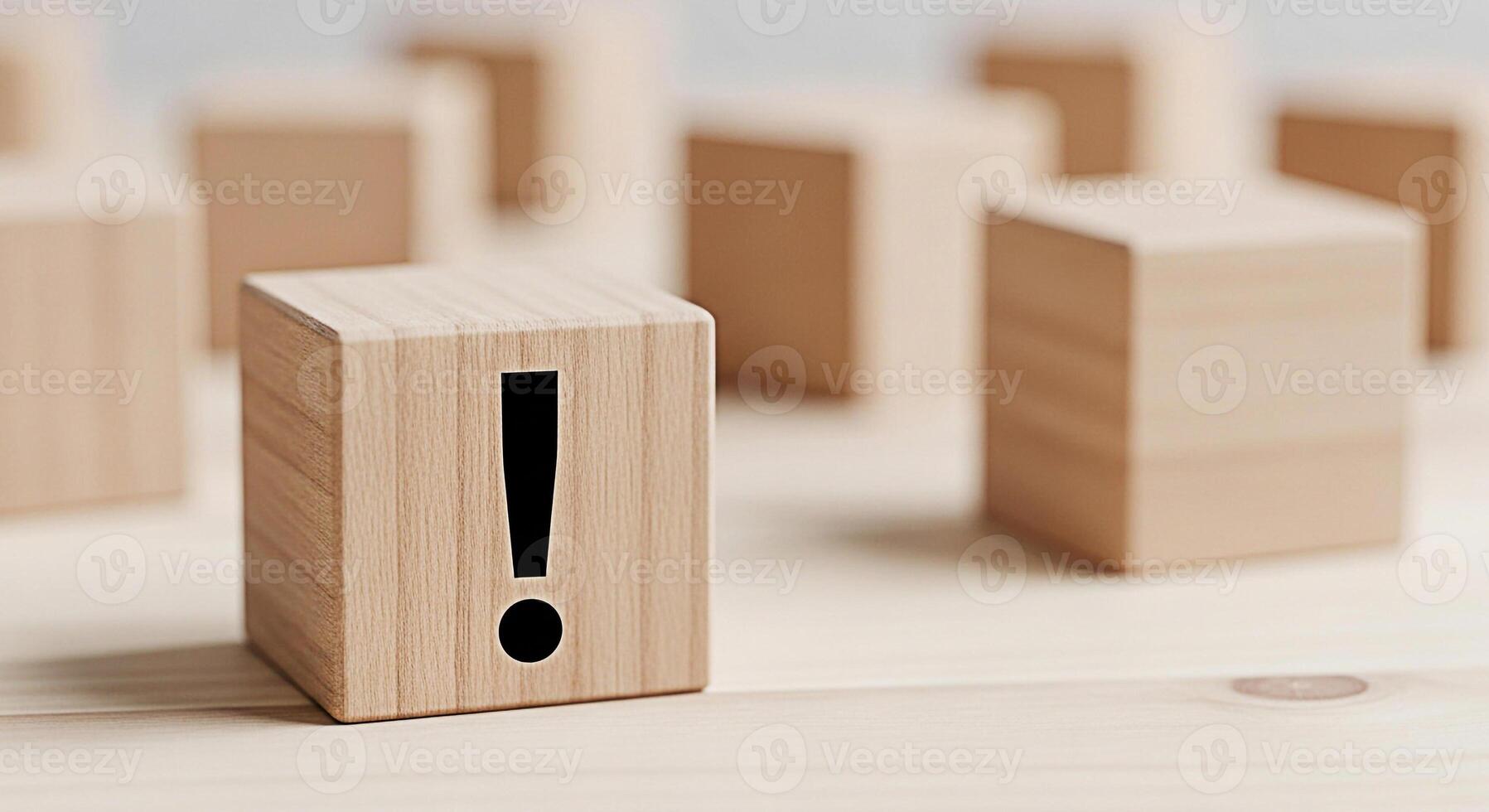 Wooden block displaying an exclamation mark on a bright wooden surface symbolizing attention warning and the importance of critical information in a minimalist and clean environment photo