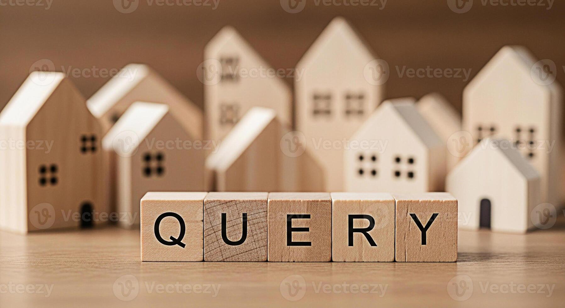 Wooden blocks spelling QUERY in a miniature wooden house village representing real estate questions and information creating a sense of curiosity and the need for answers in property investment photo