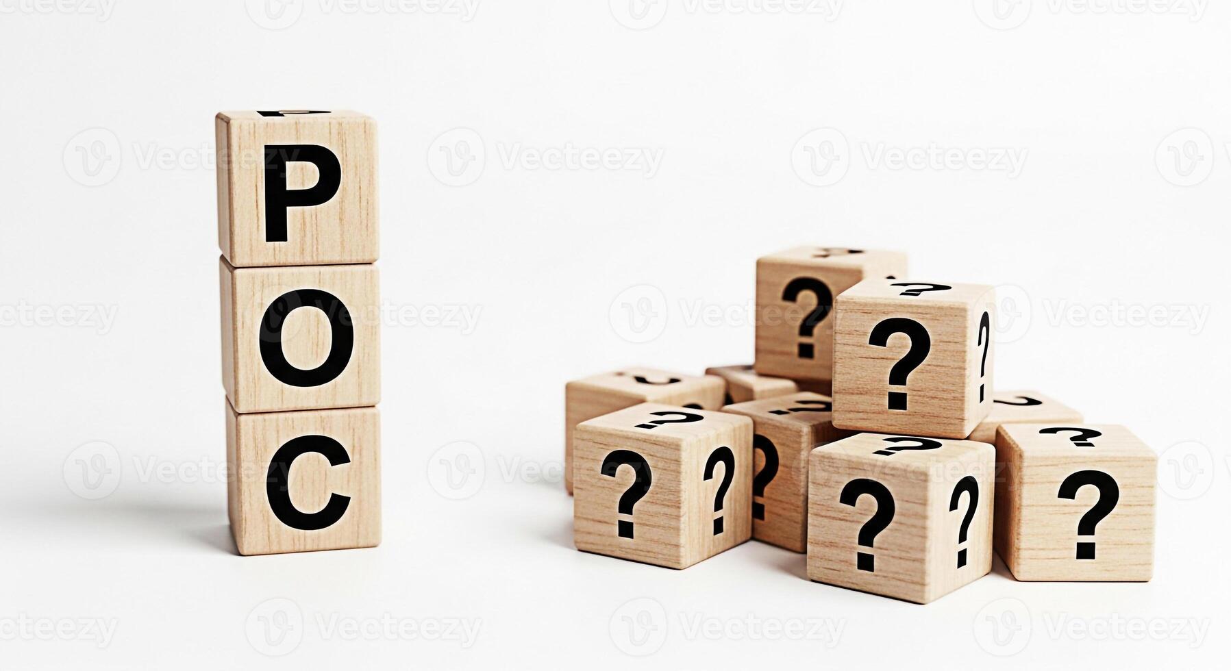 Wooden blocks spelling POC standing tall amidst question mark blocks on a white background representing proof of concept and uncertainty in business strategy creating a sense of challenge and innovati photo