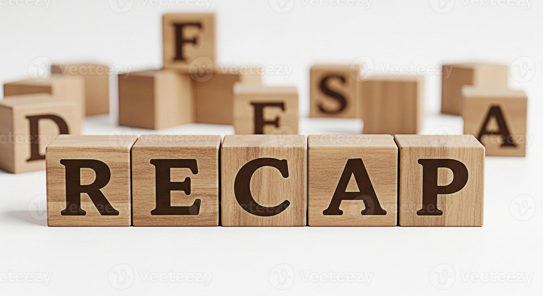 Wooden blocks spelling RECAP on a white surface surrounded by other lettered blocks symbolizing a summary or review in a clean and minimalist setting conveying a sense of clarity and reflection photo