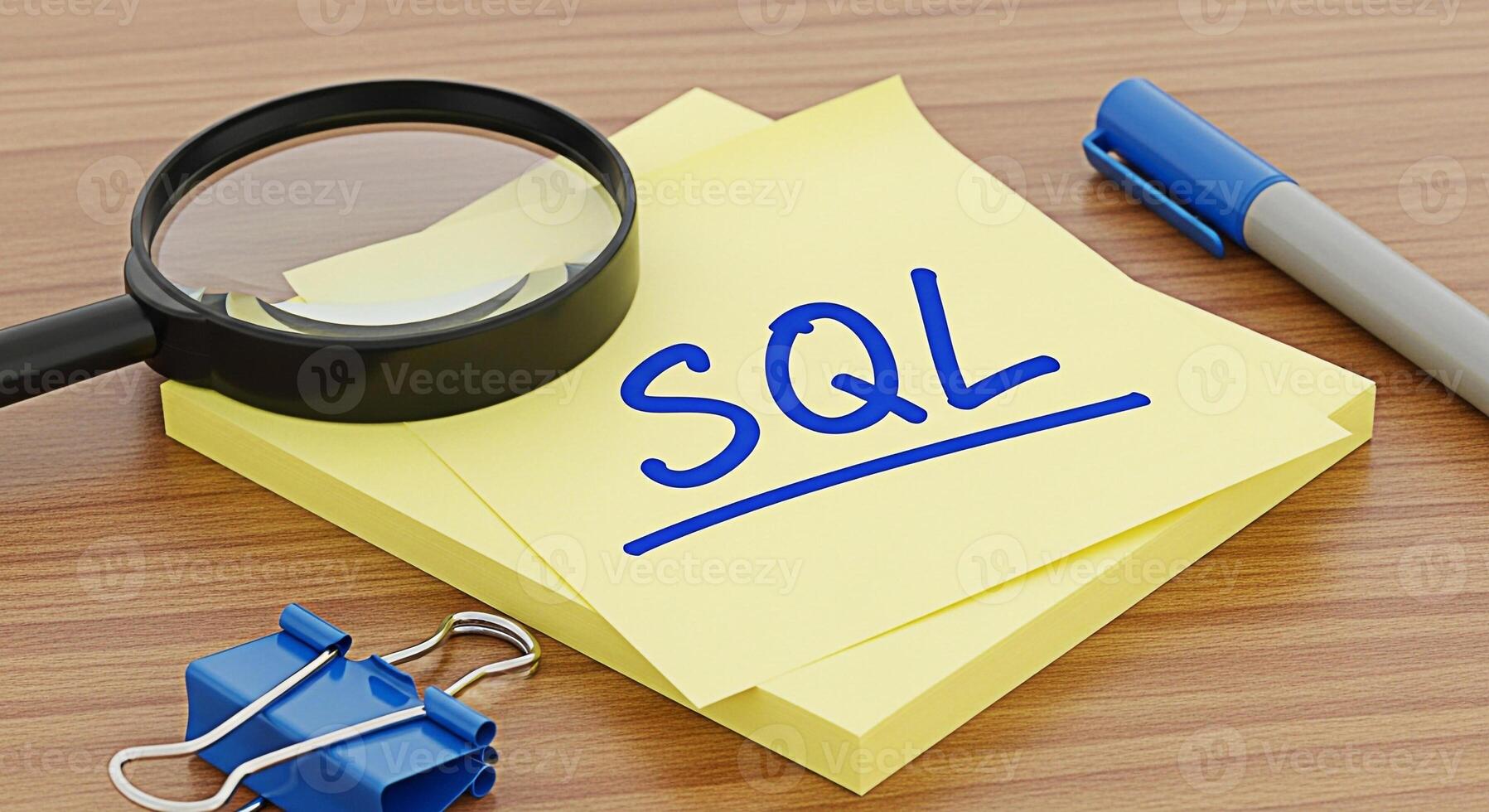 Closeup of SQL inscription on yellow sticky notes with magnifying glass and pen on a wooden desk representing data analysis and database management in a professional and organized environment photo