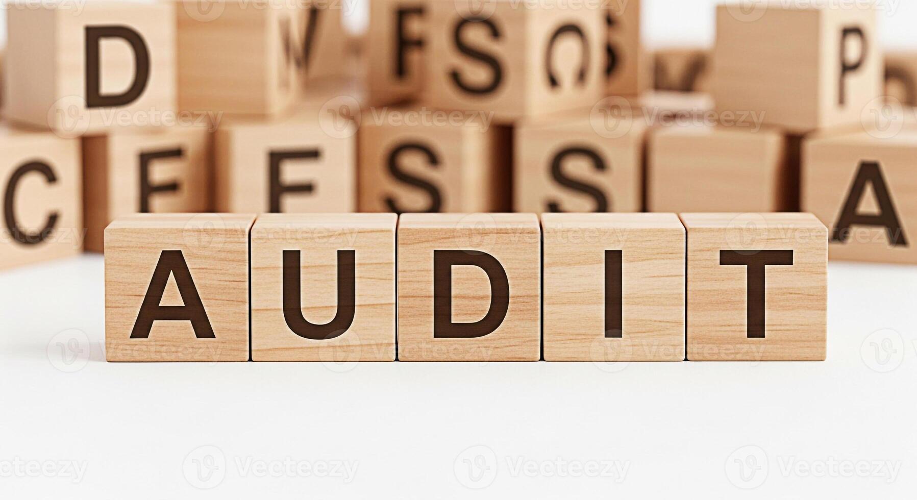 Wooden blocks spelling AUDIT on a white surface surrounded by other lettered blocks representing a thorough examination and verification process in a clean organized environment conveying trust and ac photo