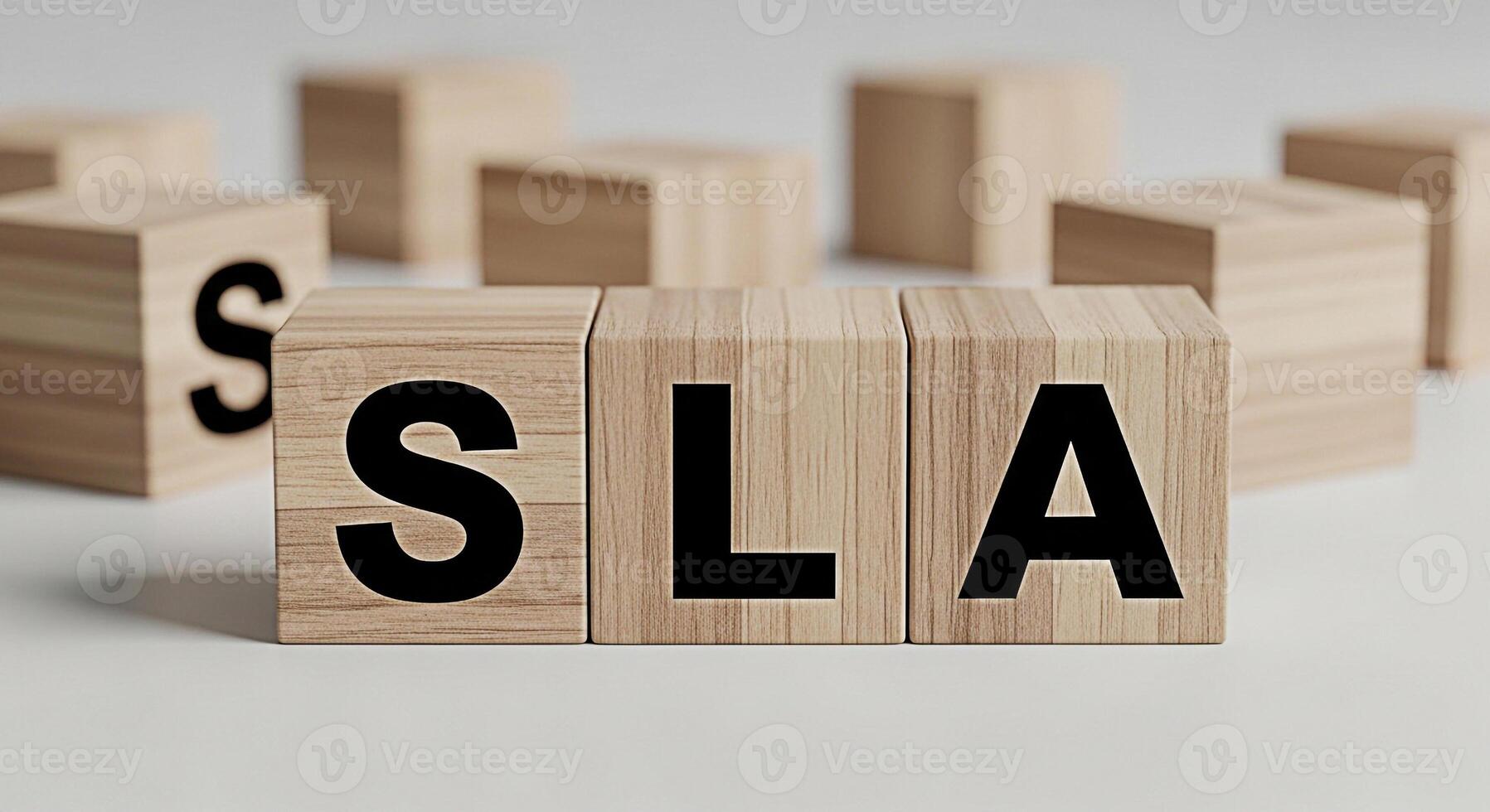 Wooden blocks displaying SLA on a white surface representing a service level agreement promoting business accountability and customer satisfaction in a minimalist and professional setting photo