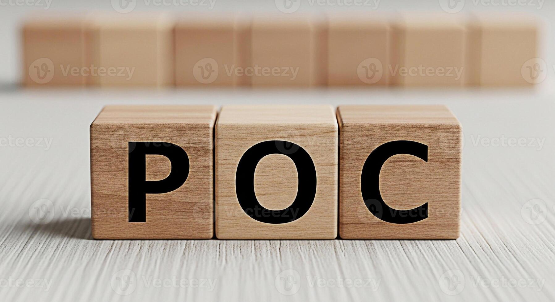 Wooden blocks displaying POC on a textured white surface representing proof of concept in a minimalist setting conveying clarity and focus on initial validation and feasibility assessment photo