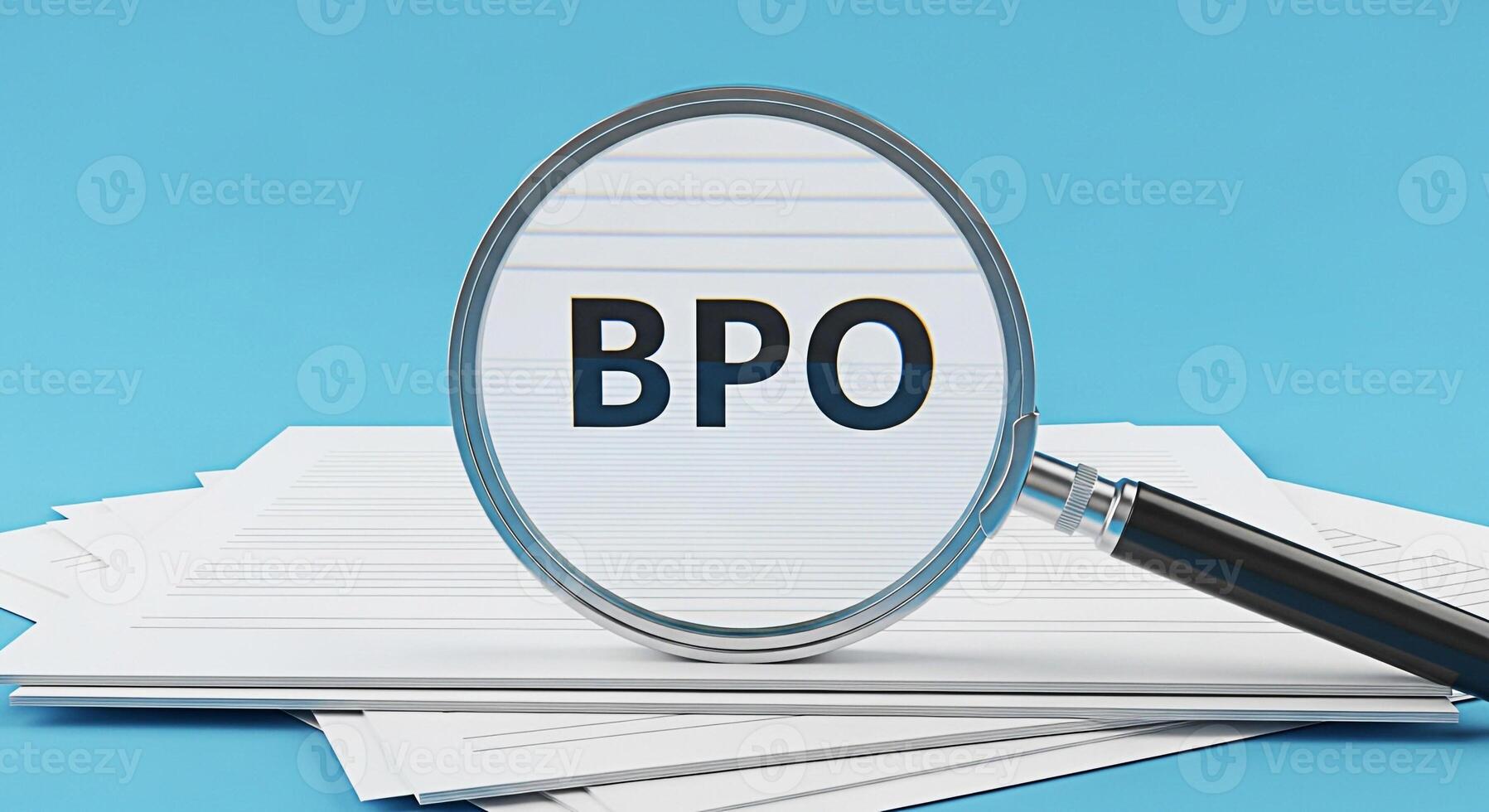 Magnifying glass focusing on BPO acronym on a stack of documents against a blue background symbolizing business process optimization and strategic outsourcing for efficiency and growth photo
