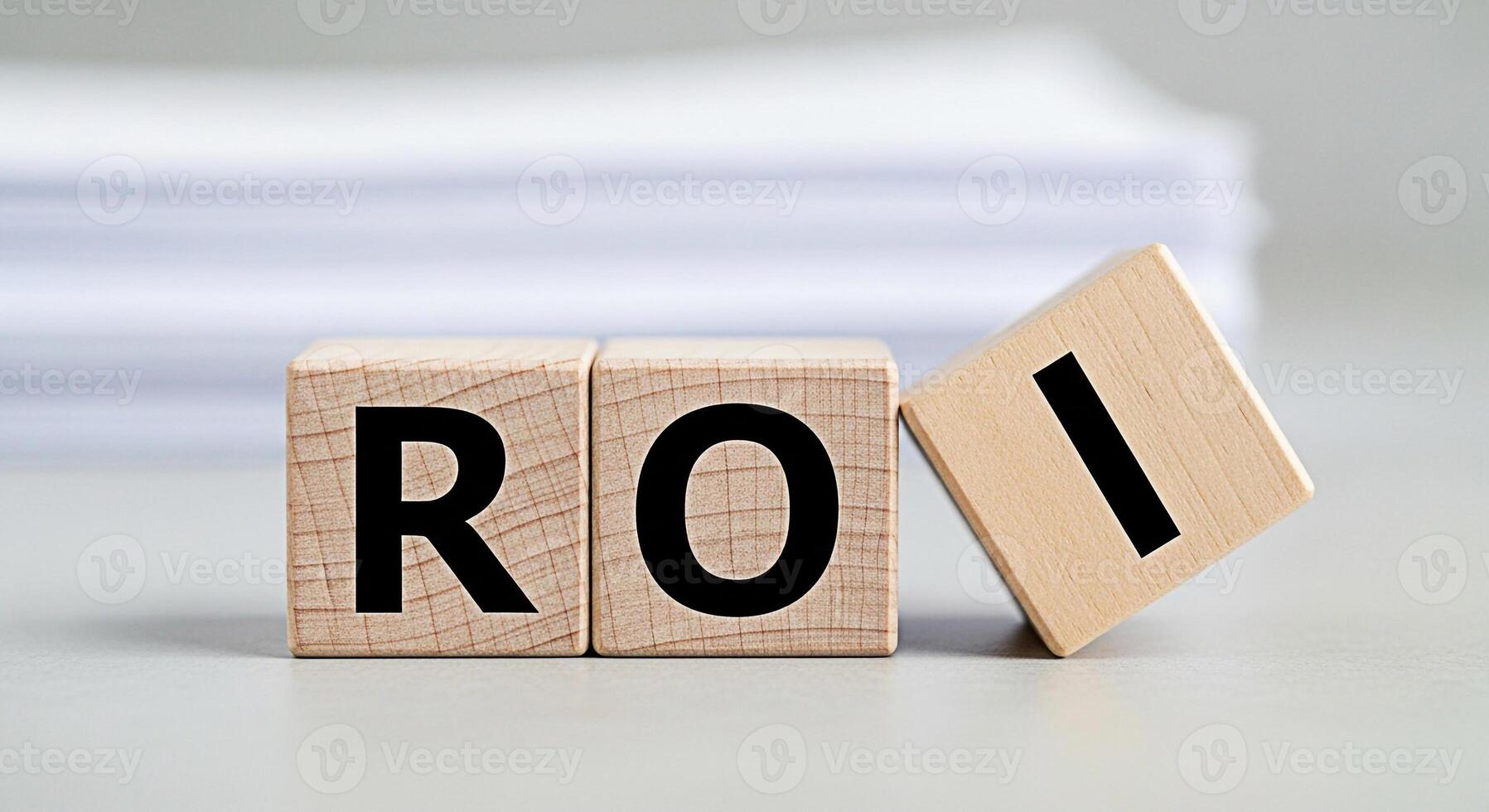 Wooden blocks displaying ROI on a bright surface representing investment returns and financial performance conveying a message of success and profitability in a business setting with paperwork in back photo
