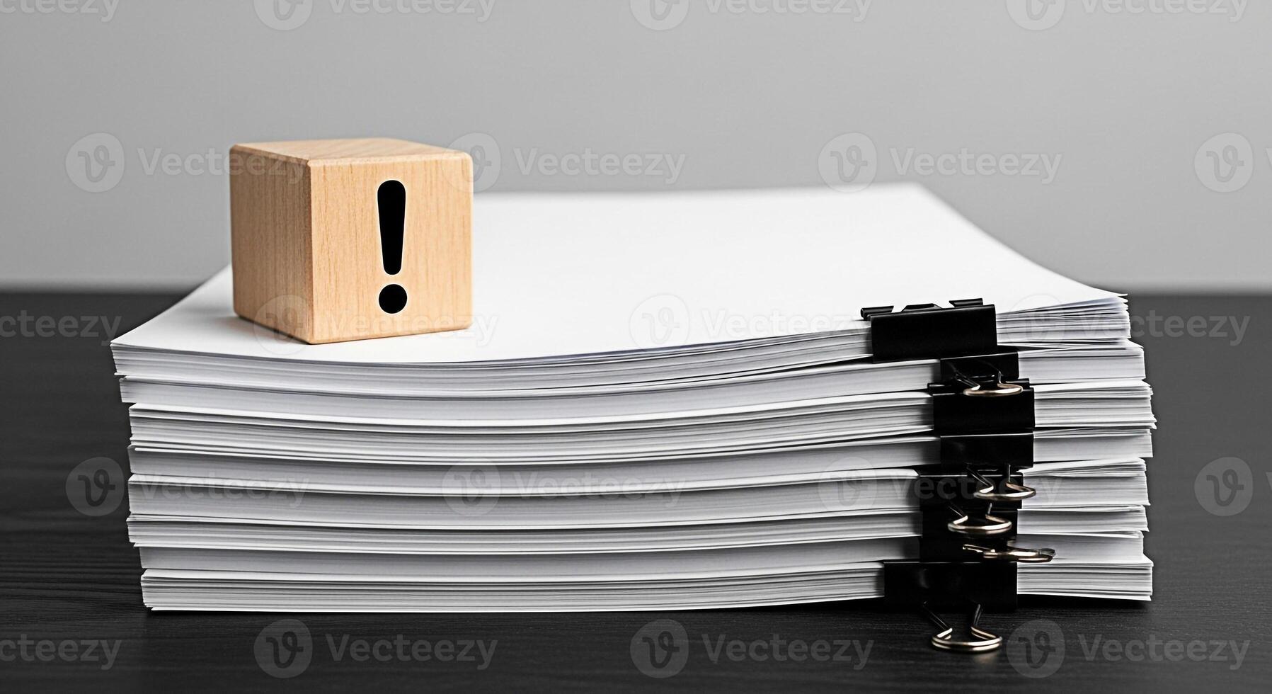 Wooden block with exclamation mark resting on a stack of white paper sheets secured with black binder clips on a dark wooden table symbolizing urgency and important documents in an office setting photo