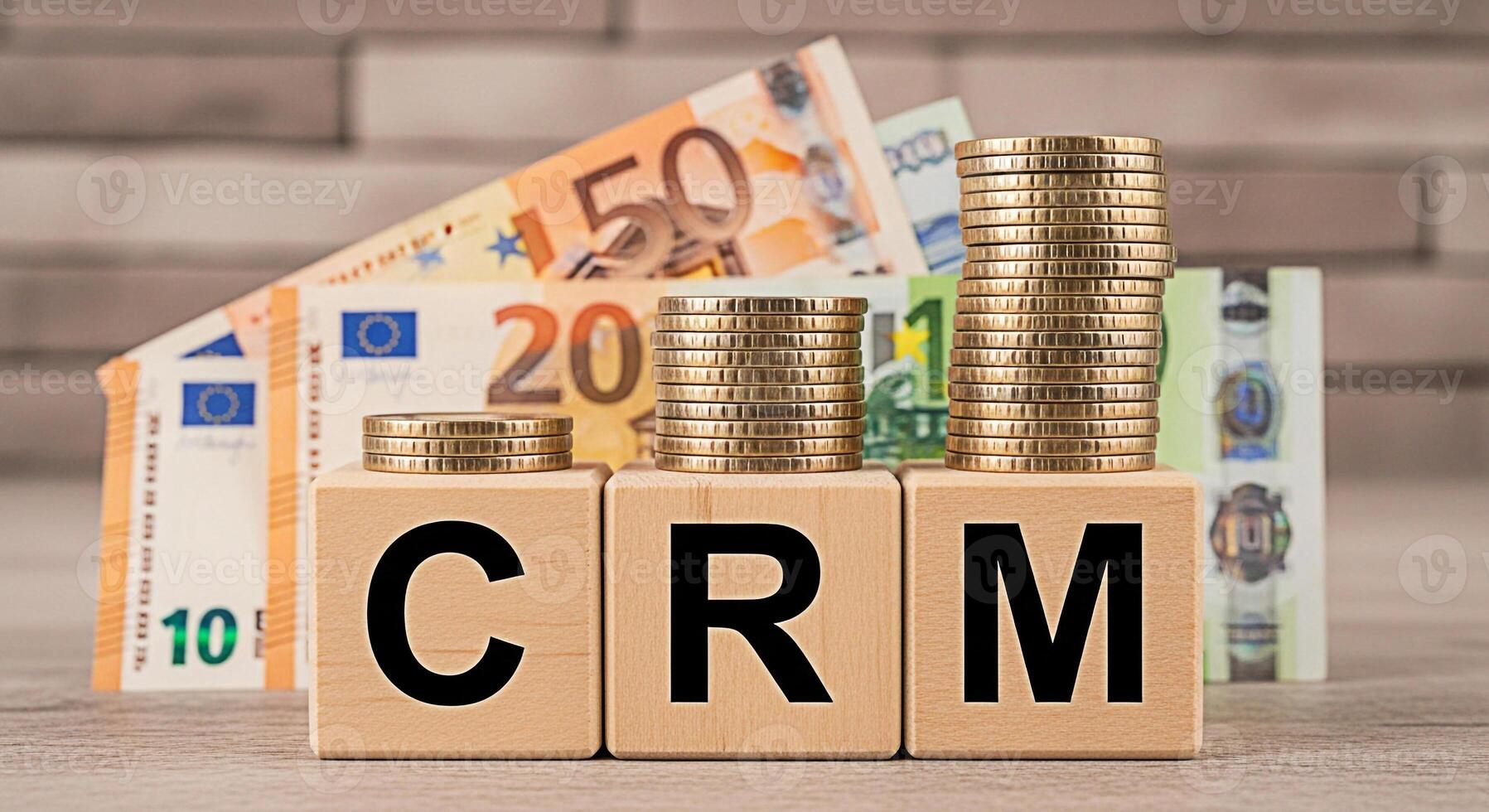 Wooden blocks spelling CRM with stacks of coins and Euro banknotes in the background representing customer relationship management and financial growth in a businessoriented setting photo