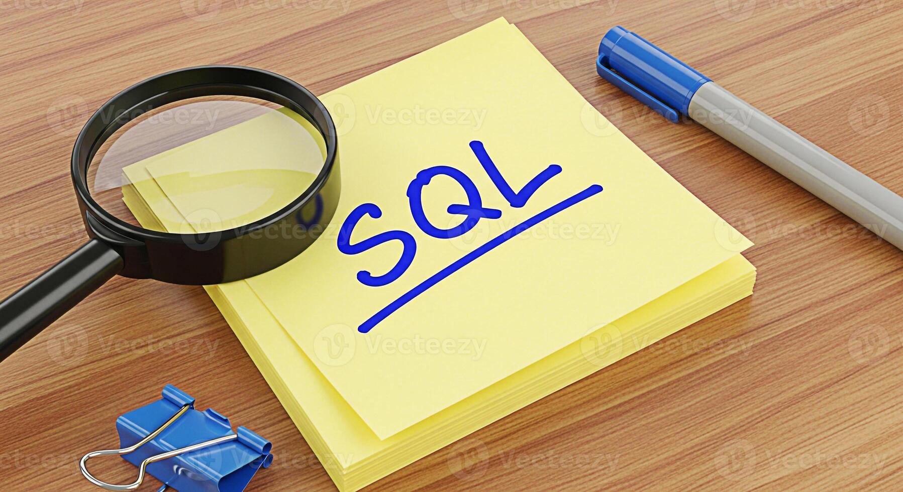 Closeup of a magnifying glass examining a stack of yellow sticky notes with SQL written on them placed on a wooden desk symbolizing data analysis and database management photo
