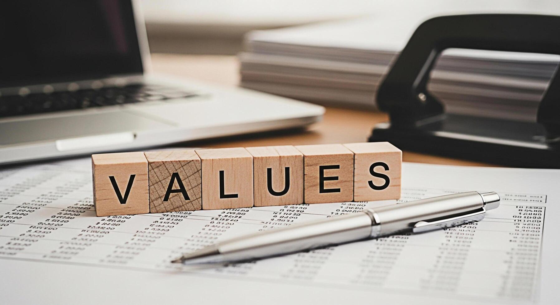 Wooden blocks spelling VALUES resting on financial documents in a bright office setting symbolizing business ethics company culture and the importance of core principles in achieving success photo