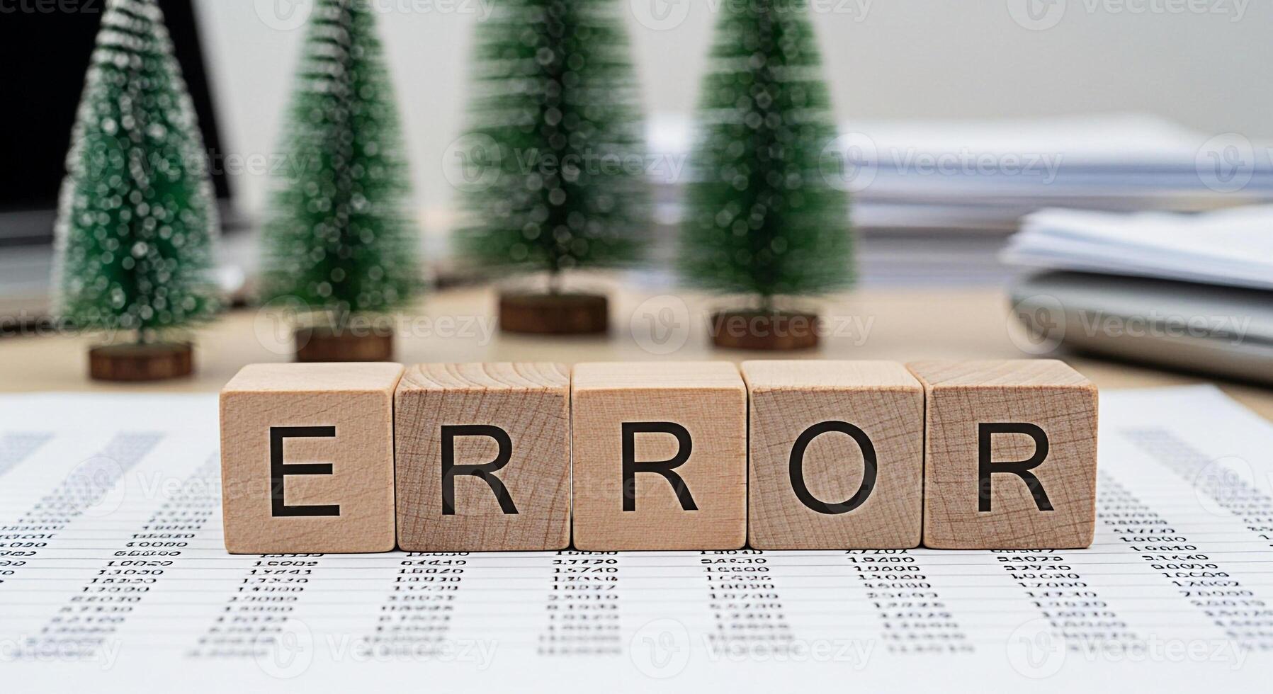 Wooden blocks spelling ERROR on financial documents with Christmas trees in the background representing mistakes in holiday season business accounting and financial planning creating a sense of concer photo