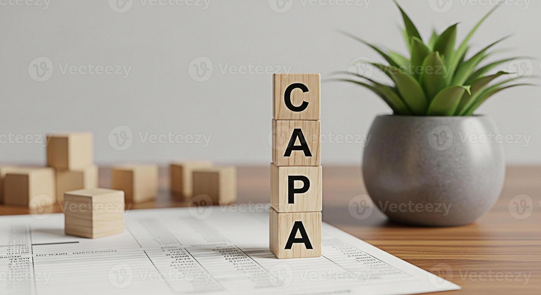 Wooden blocks spelling CAPA on a wooden desk with a plant representing corrective and preventive action in a business setting emphasizing quality control and continuous improvement photo