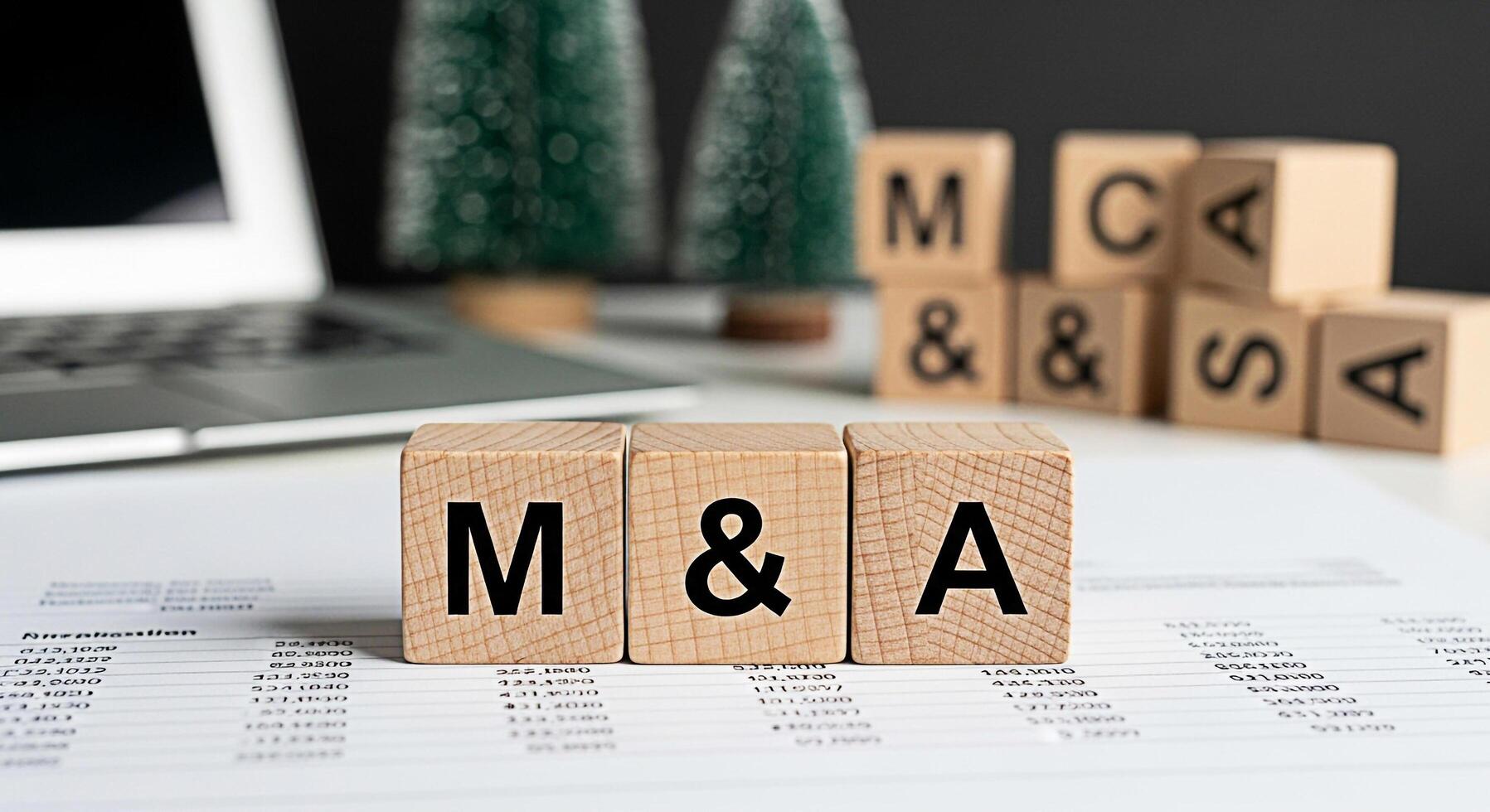 Wooden blocks displaying MA and MCA on a financial report in a modern office symbolizing mergers and acquisitions with a focus on corporate strategy and business growth creating a professional and inf photo