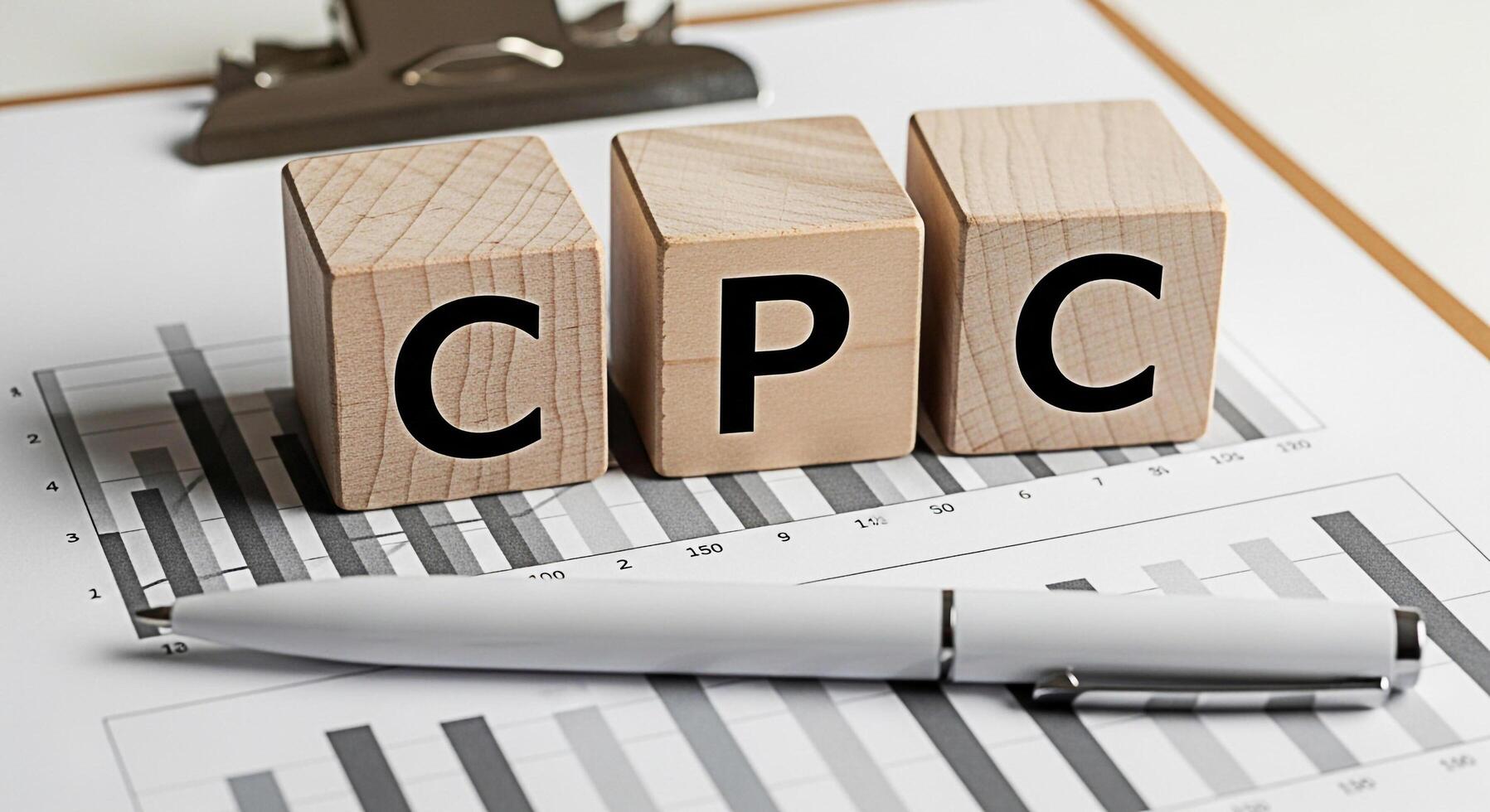 Wooden blocks spelling CPC on a financial chart with a pen representing cost per click advertising in a business setting symbolizing marketing strategy and budget allocation for online campaigns photo