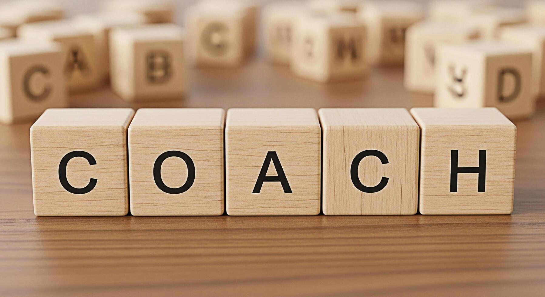 Wooden blocks spelling COACH on a wooden surface with blurred alphabet blocks in the background representing guidance mentorship and professional development in a supportive environment photo
