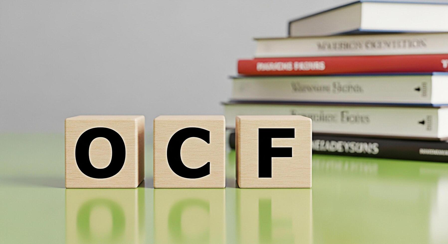 Wooden blocks spelling OCF placed on a green table in a bright studio setting symbolizing options choices and future possibilities with a stack of books in the background representing knowledge and le photo