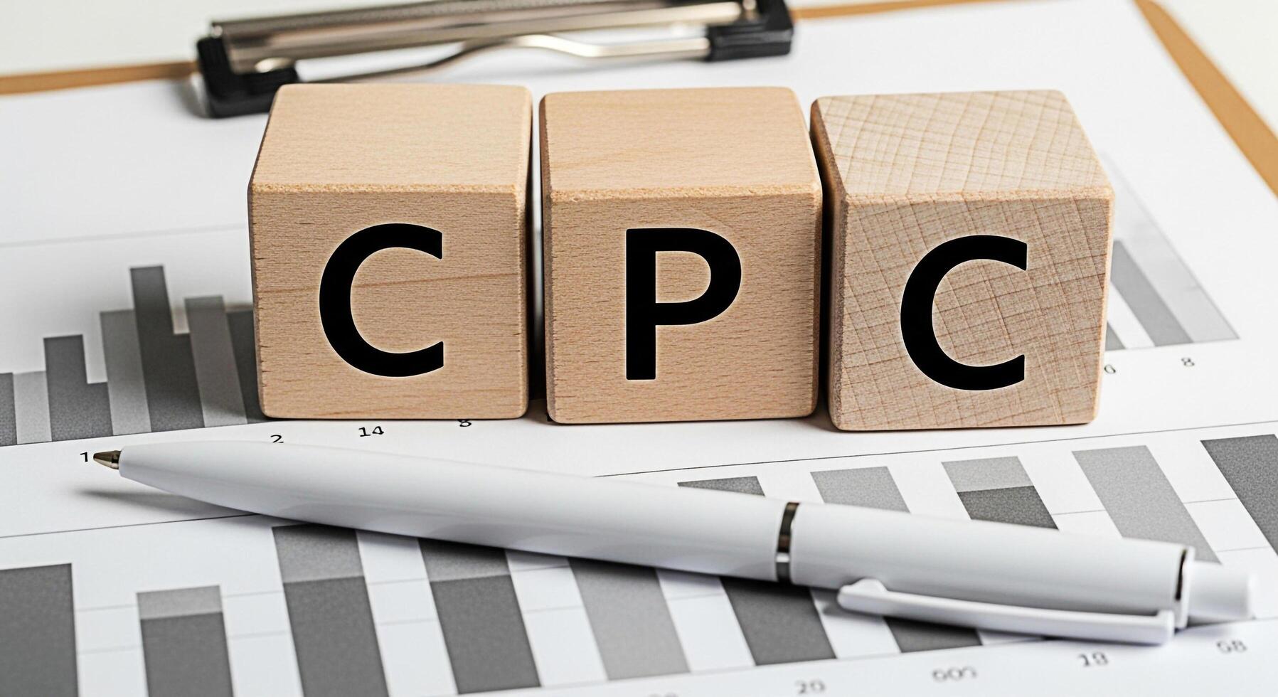Wooden blocks displaying CPC on a financial report with a pen representing cost per click advertising strategy in a business setting symbolizing marketing efficiency and investment analysis photo