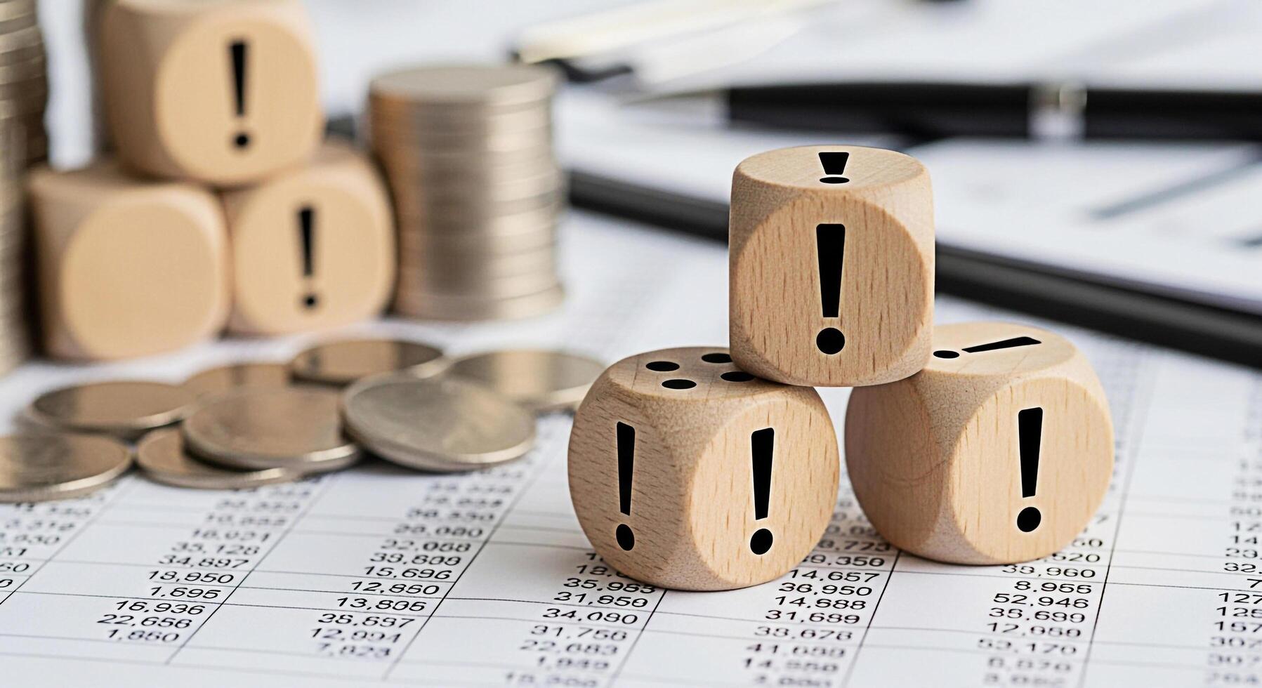 Wooden dice with exclamation marks stacked on financial reports and coins symbolizing risk assessment and critical decisionmaking in a business environment creating a sense of urgency and importance photo