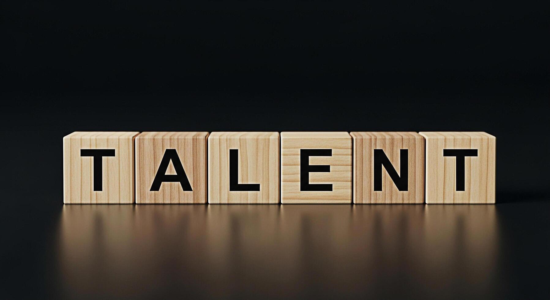 Wooden blocks spelling TALENT on a reflective surface against a dark background symbolizing skill aptitude and potential in business career development and personal growth creating a motivational atmo photo