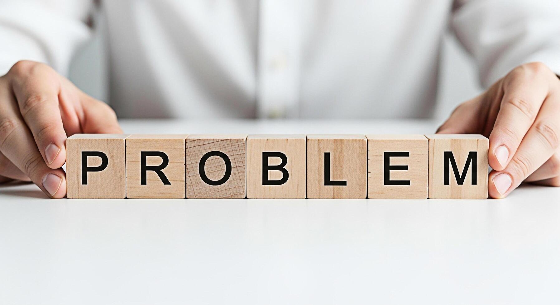Person arranging wooden blocks spelling PROBLEM on a white surface symbolizing challenges and the need for solutions in a clean minimalist setting conveying a sense of focus and determination photo