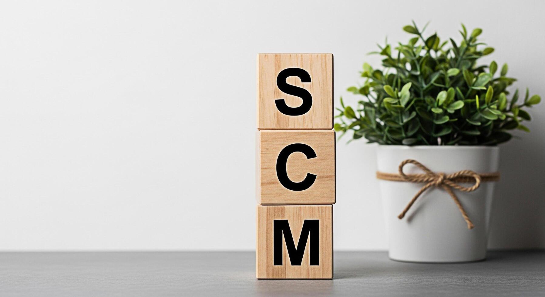 Wooden blocks spelling SCM standing on a gray surface in a bright room symbolizing supply chain management and efficient business operations with a touch of nature from the potted plant photo