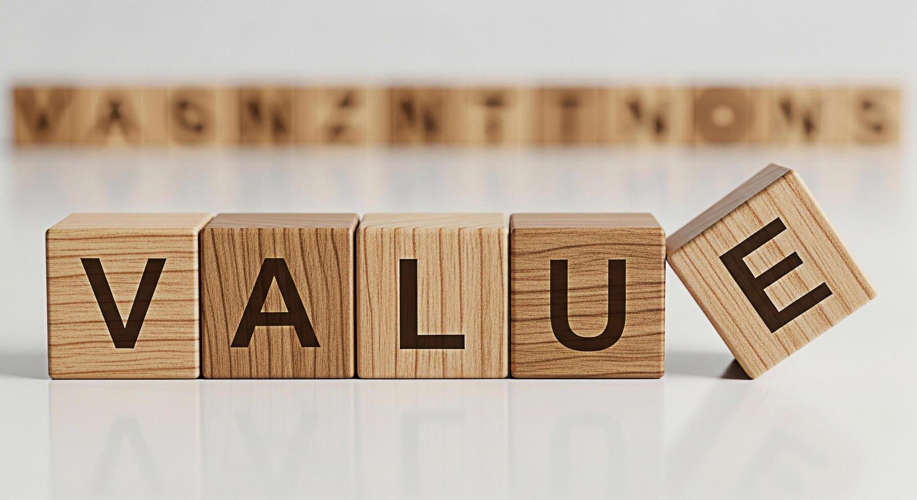 Wooden blocks spelling VALUE on a white surface emphasizing the importance of core values in business and personal life creating a sense of stability and reliability in a clean minimalist setting photo