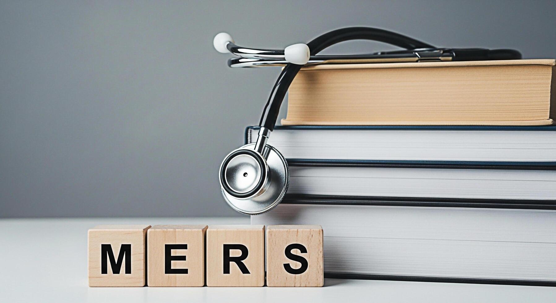 Stethoscope resting on a stack of books with wooden blocks spelling MERS on a white table symbolizing medical research and education in a clinical setting conveying a sense of knowledge and preparedne photo