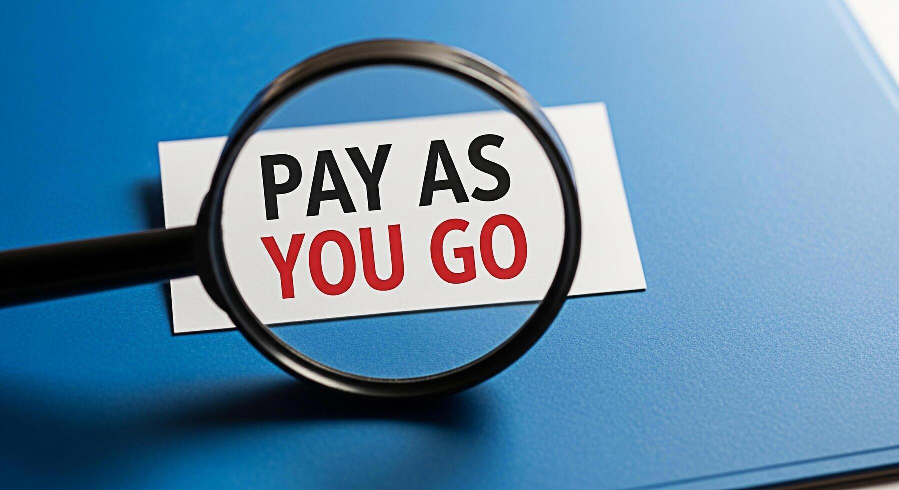 Magnifying glass focusing on a card with Pay As You Go text on a blue surface representing financial flexibility and control offering a clear and focused view of payment options and budget management photo