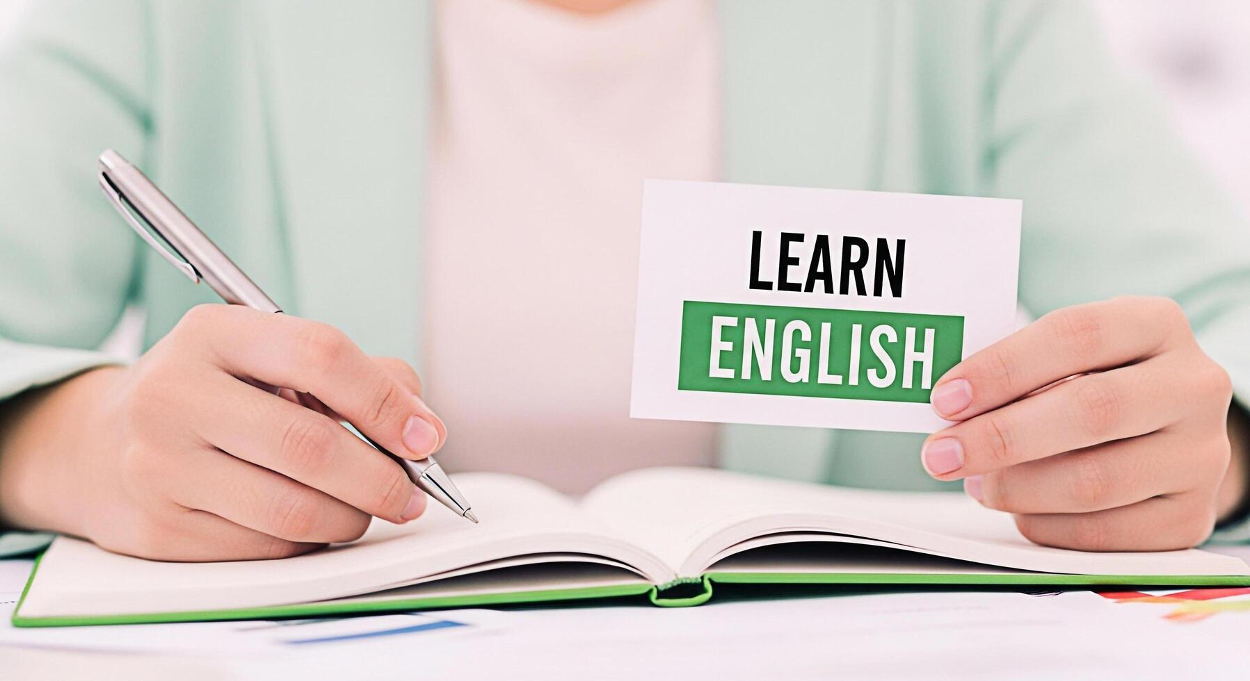 Focused student writing in a notebook while holding a card that says Learn English in a bright educational setting conveying a sense of motivation and academic success photo