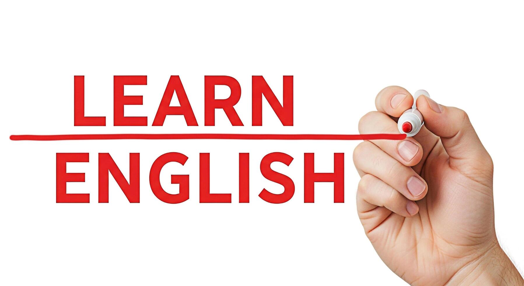 Hand underlining Learn English in red marker on a white background symbolizing the importance of language education and the concept of acquiring new skills for personal and professional growth photo
