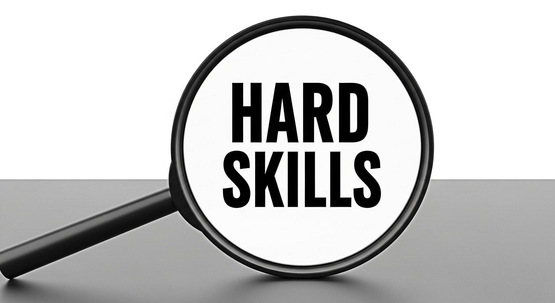 Magnifying glass focusing on hard skills on a gray surface emphasizing the importance of technical abilities and expertise in a competitive job market creating a sense of focus and determination photo