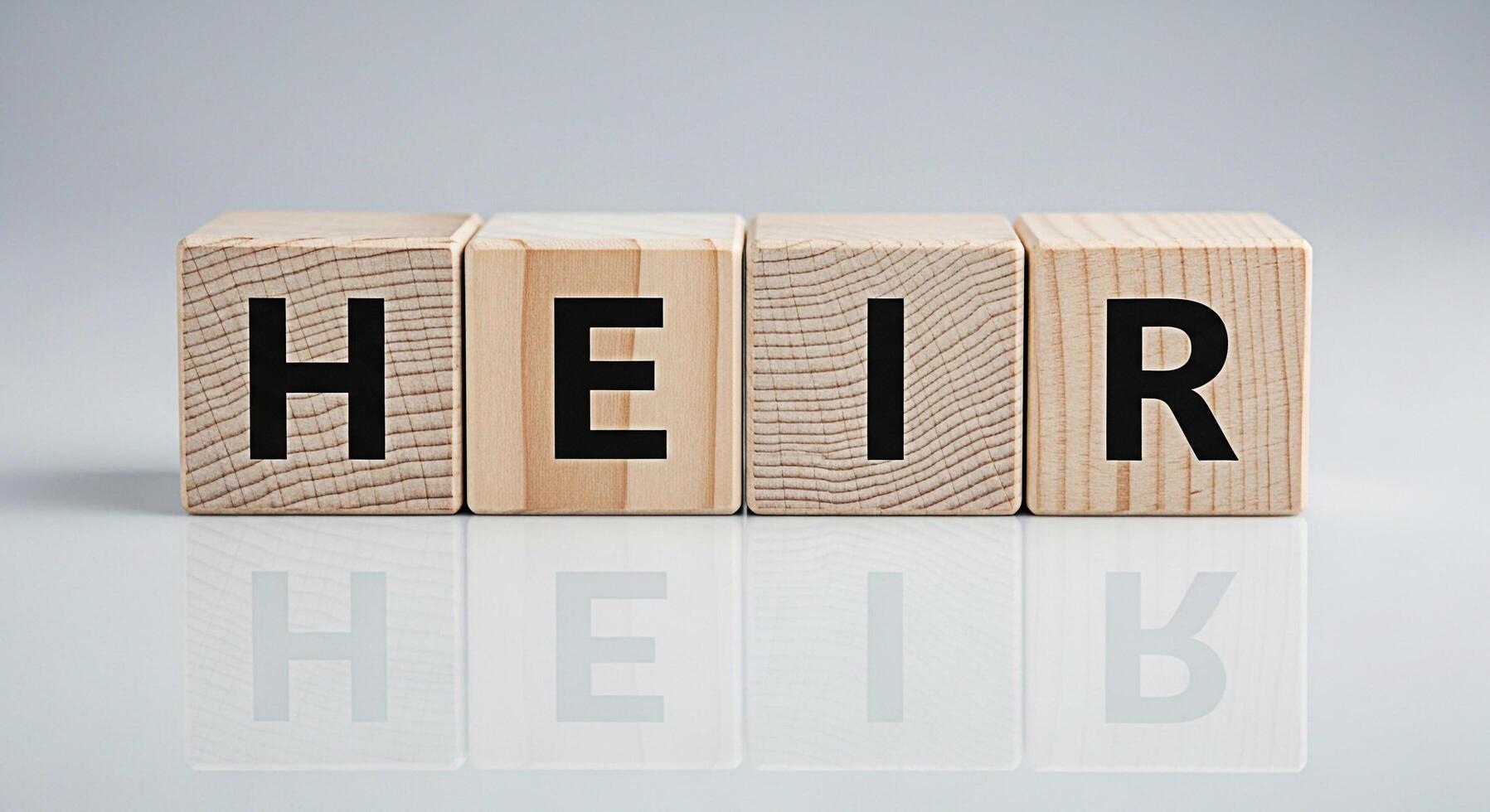 Wooden blocks spelling HEIR on a reflective surface symbolizing inheritance and legacy in a clean minimalist setting evoking feelings of responsibility and future planning photo