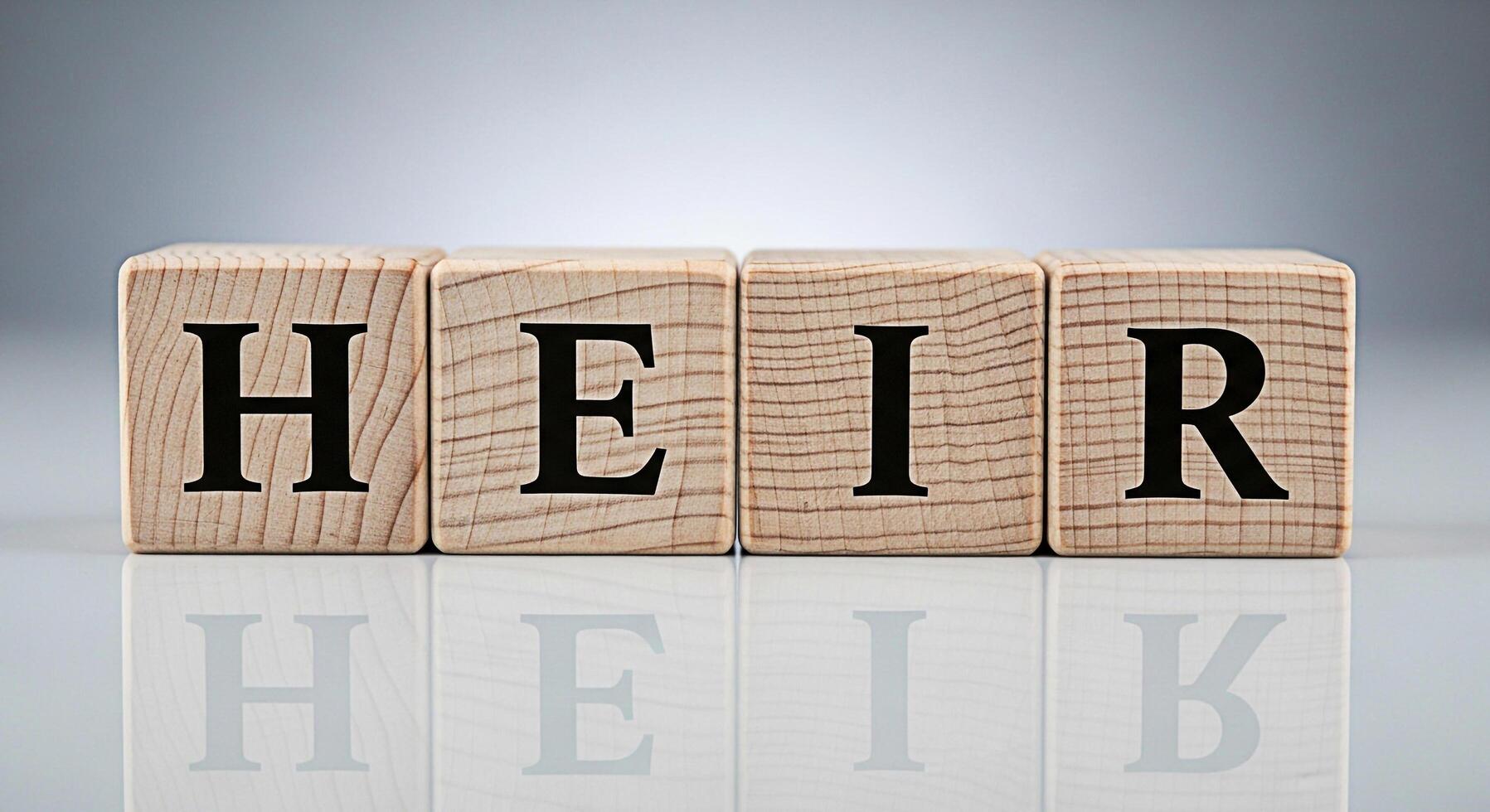Wooden blocks spelling HEIR on a reflective surface representing legacy and succession planning in a professional and minimalist setting symbolizing inheritance and future generations photo