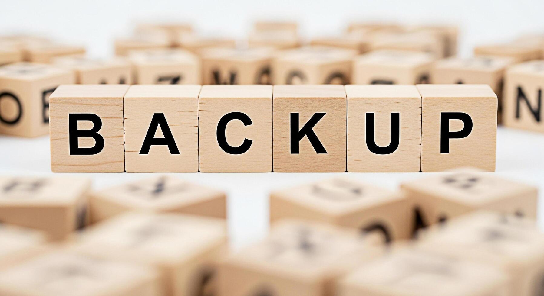 Wooden blocks spelling BACKUP on a white surface symbolizing data protection and recovery conveying a sense of security and preparedness in a digital world with focus on information safety photo