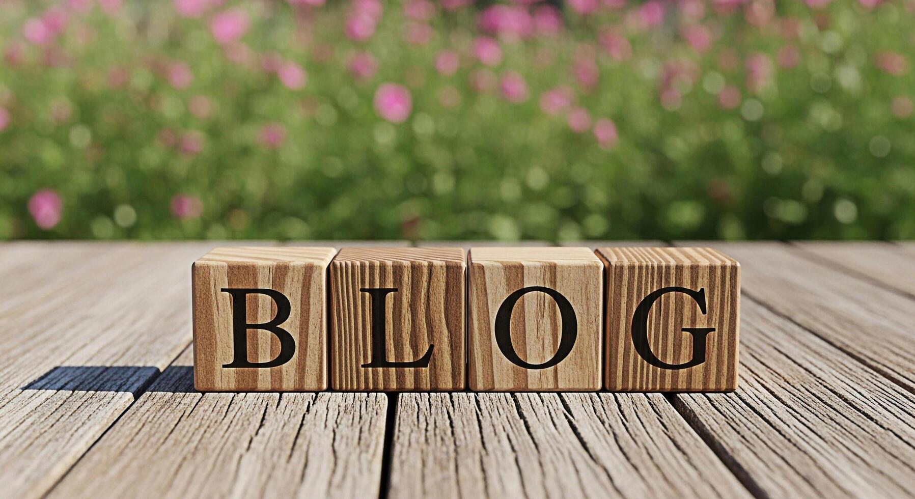 Wooden blocks spelling BLOG on a wooden surface with a blurred background of pink flowers representing a fresh and inviting space for online writing and content creation conveying a sense of creativit photo