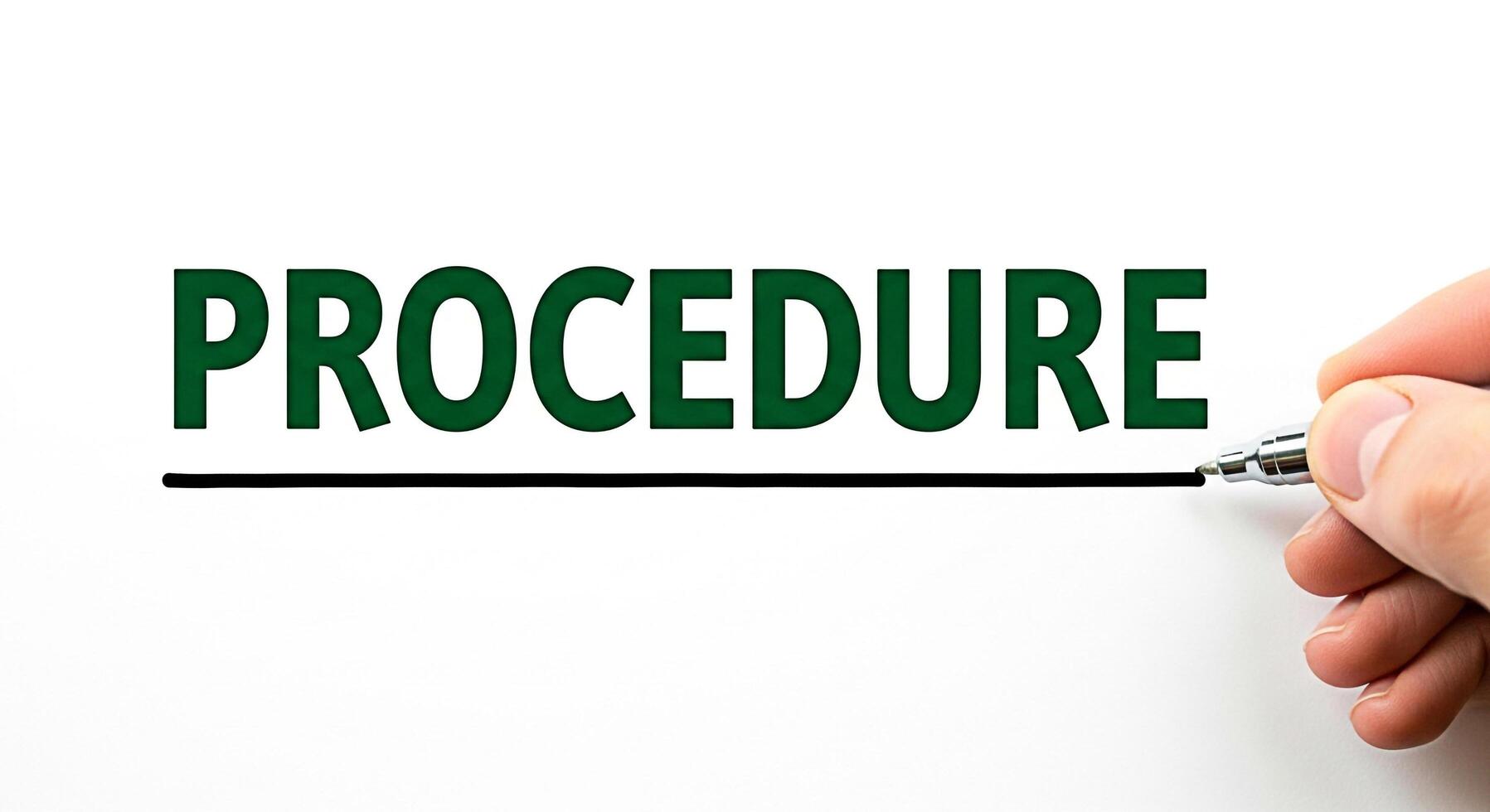 Hand underlining the word Procedure in green on a white background emphasizing the importance of following established processes and guidelines in a clear and concise manner for business operations photo
