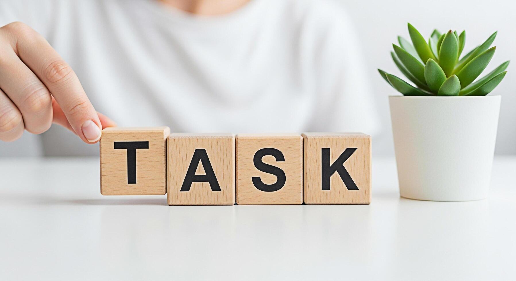 Closeup of a hand arranging wooden blocks spelling TASK on a white table next to a potted succulent symbolizing focus and productivity in a clean minimalist workspace photo