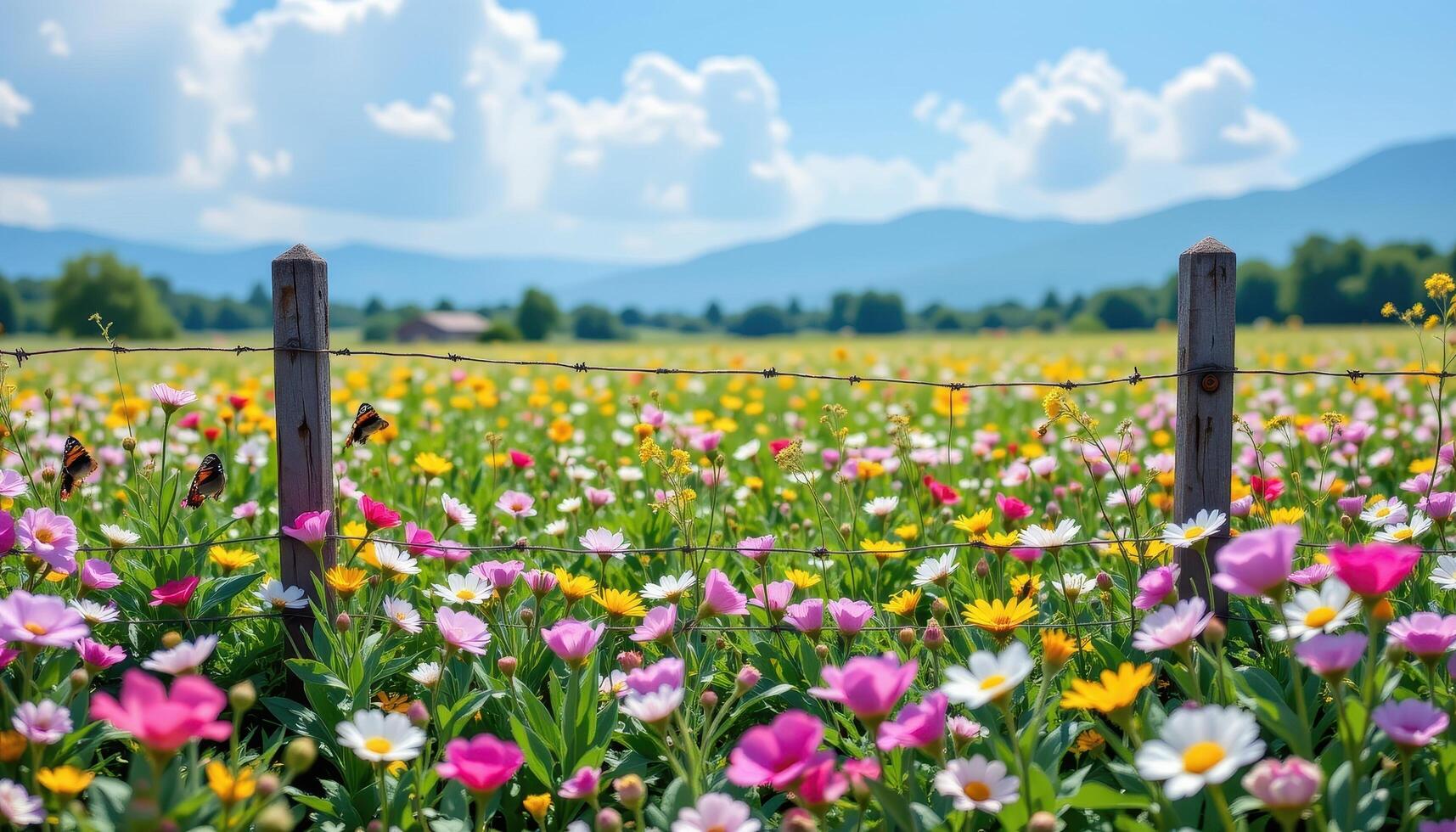 The fence around the flower field creaks softly in the wind, as if whispering secrets of the hidden garden within to anyone who stops and listens. photo
