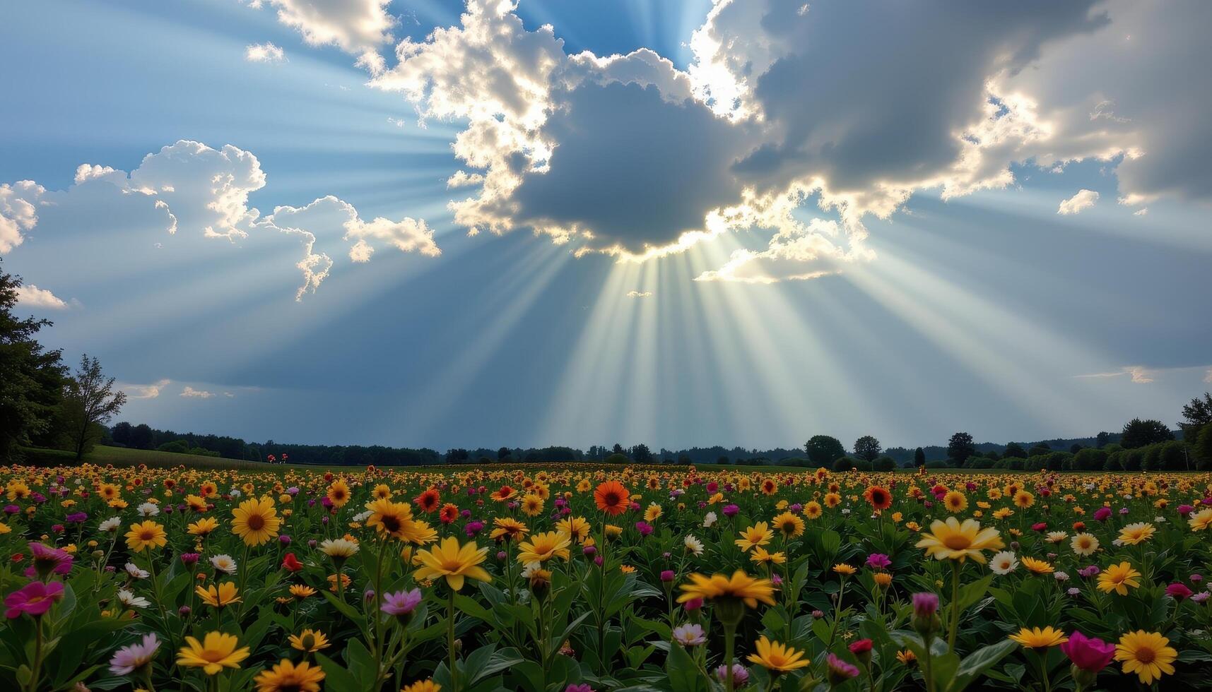 Sunlight filters through clouds, spotlighting patches of the fenced flower field in a natural display of light. photo