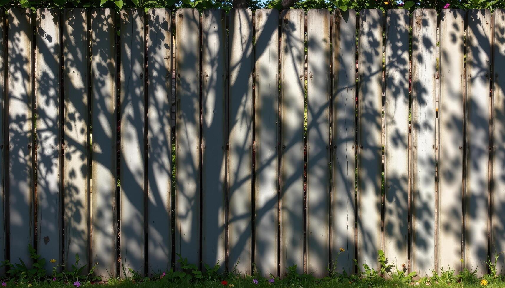 Shadows of trees fall across the fence, merging with the patterns of flowers visible behind it. photo