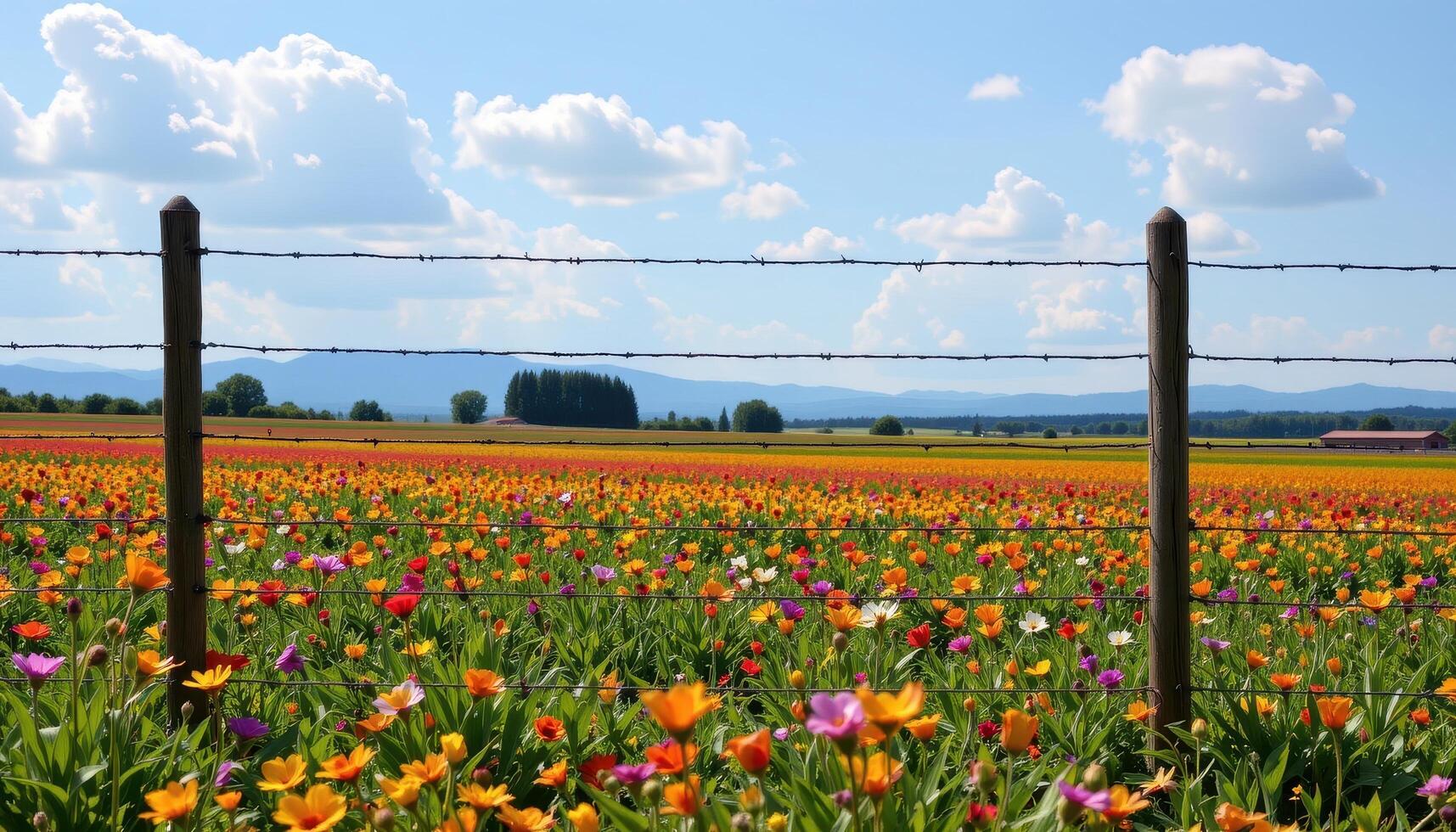 The fence frames the field perfectly, creating a natural border for the vivid tapestry of colors inside. photo